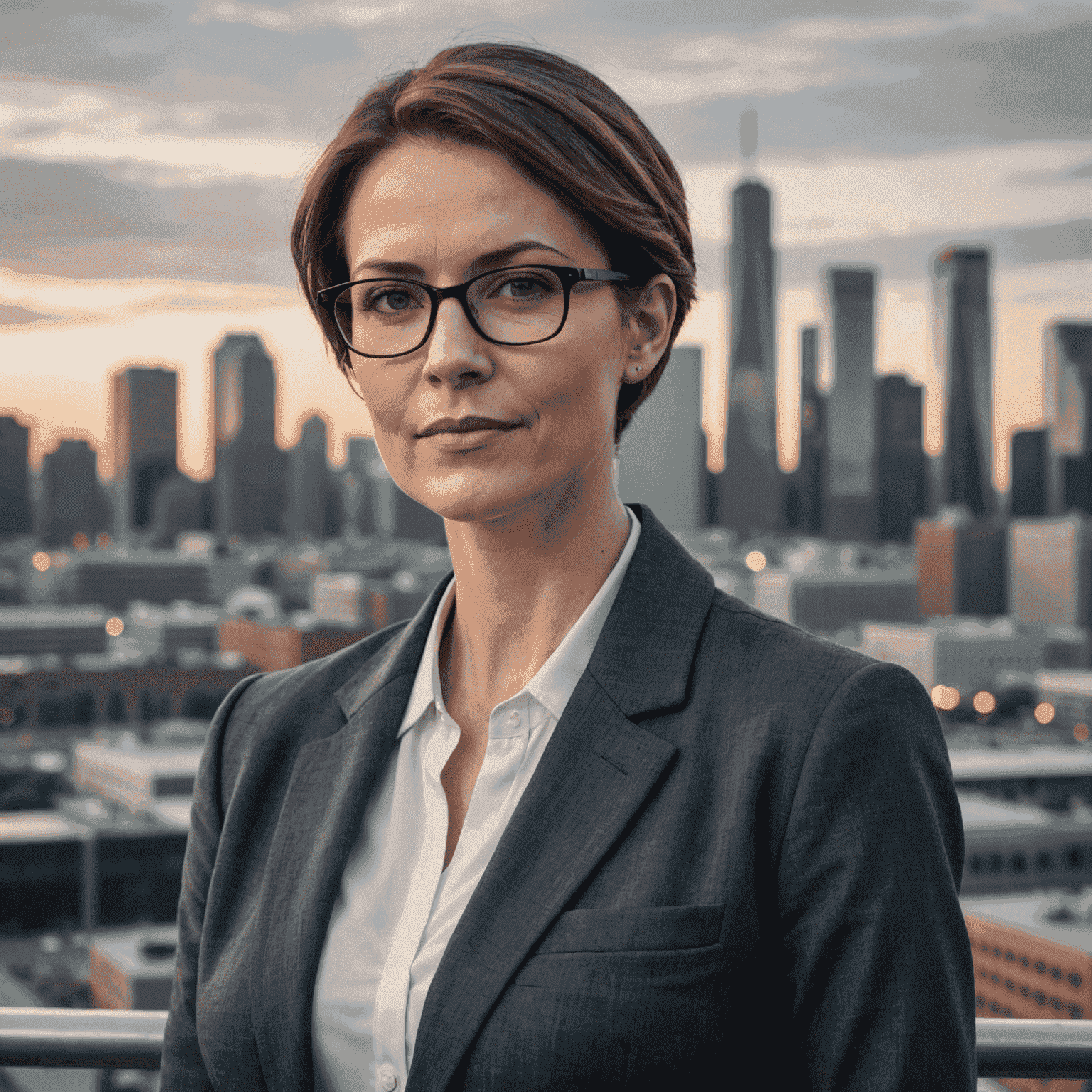 Portrait of Sarah Thompson, a woman in her mid-30s with short brown hair and glasses, wearing a professional dark grey blazer, standing in front of a modern city skyline