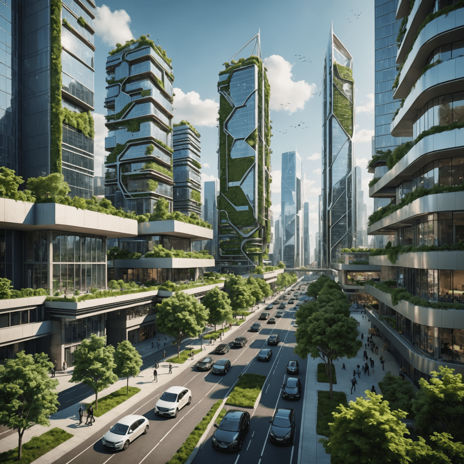 Futuristic cityscape with interconnected buildings, smart traffic systems, and green spaces, showcasing various IoT devices and sustainable urban planning elements