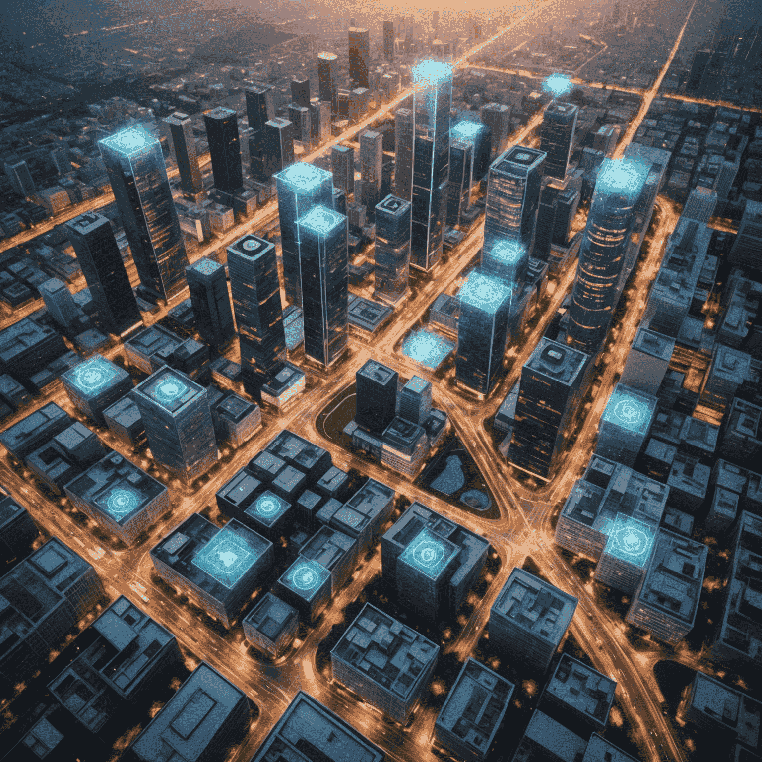 Aerial view of a smart city with digital overlays showing connected infrastructure, energy-efficient buildings, and smart traffic management systems