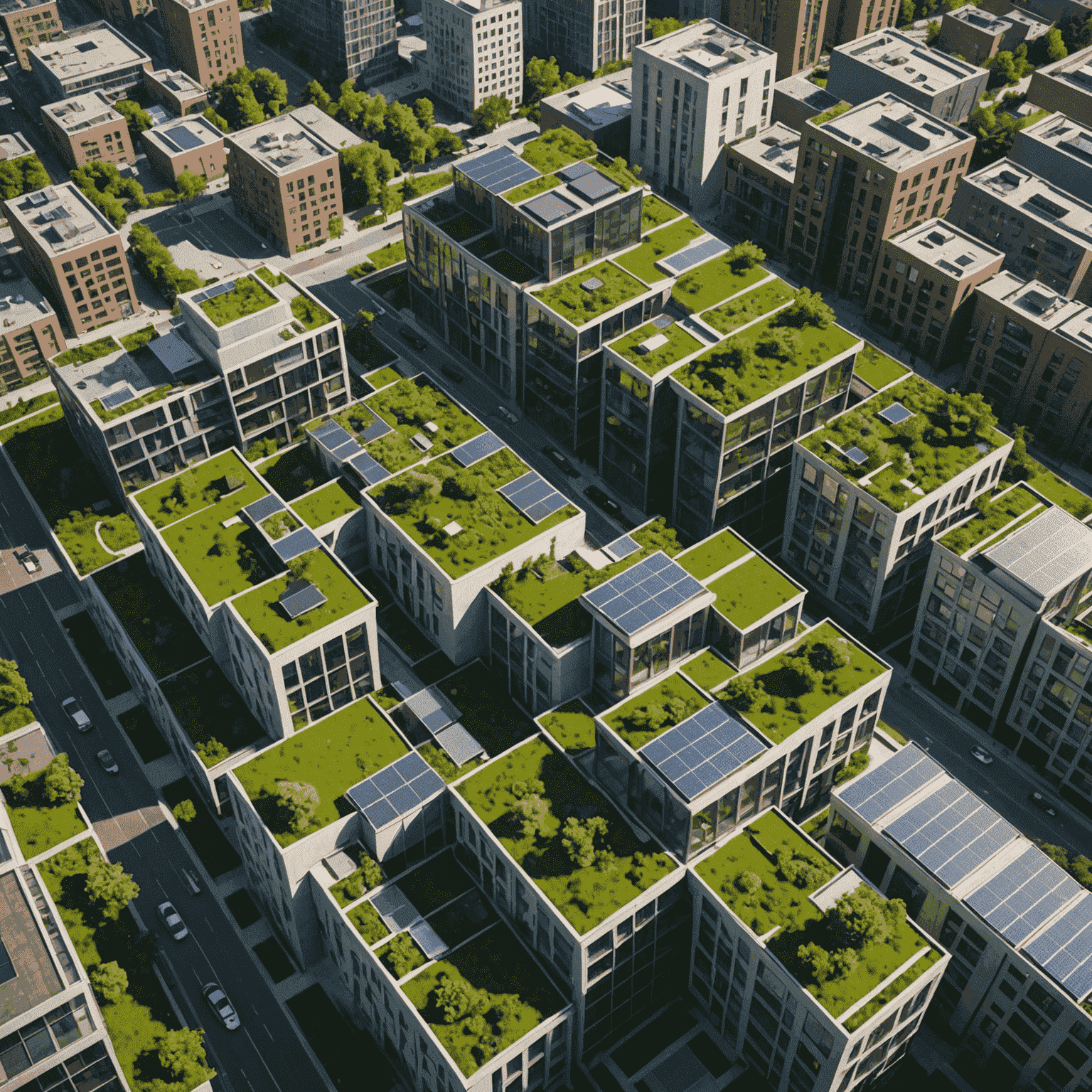 Aerial view of a modern sustainable city with green roofs, solar panels, and smart infrastructure