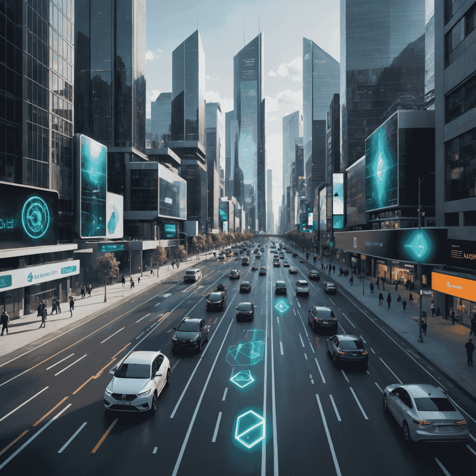 Futuristic cityscape with holographic AI interfaces managing traffic, waste, and energy systems