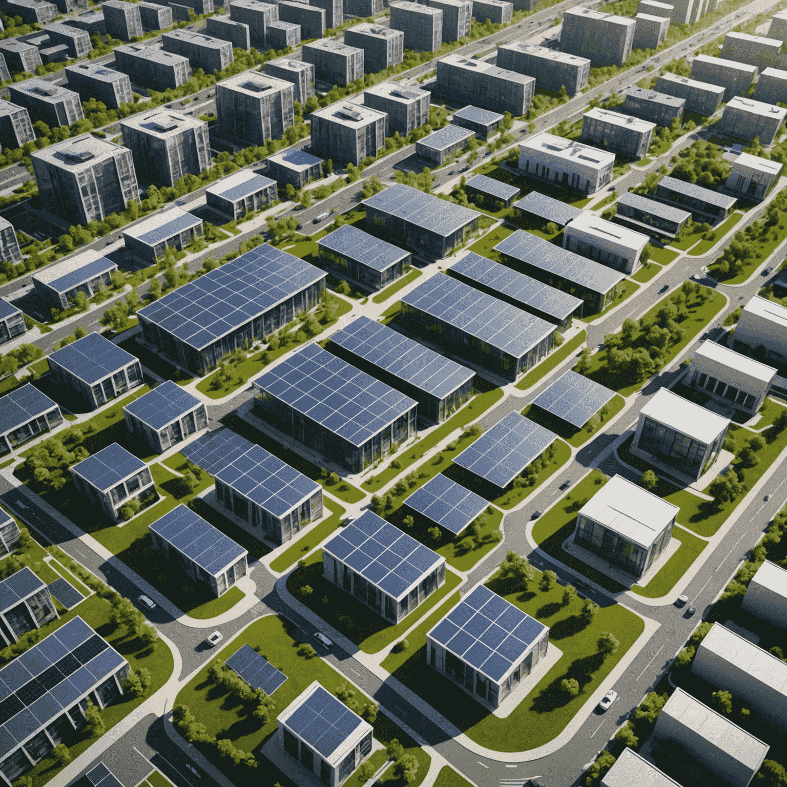 Aerial view of a smart city showcasing solar panels on rooftops, wind turbines, and green corridors integrated with modern architecture