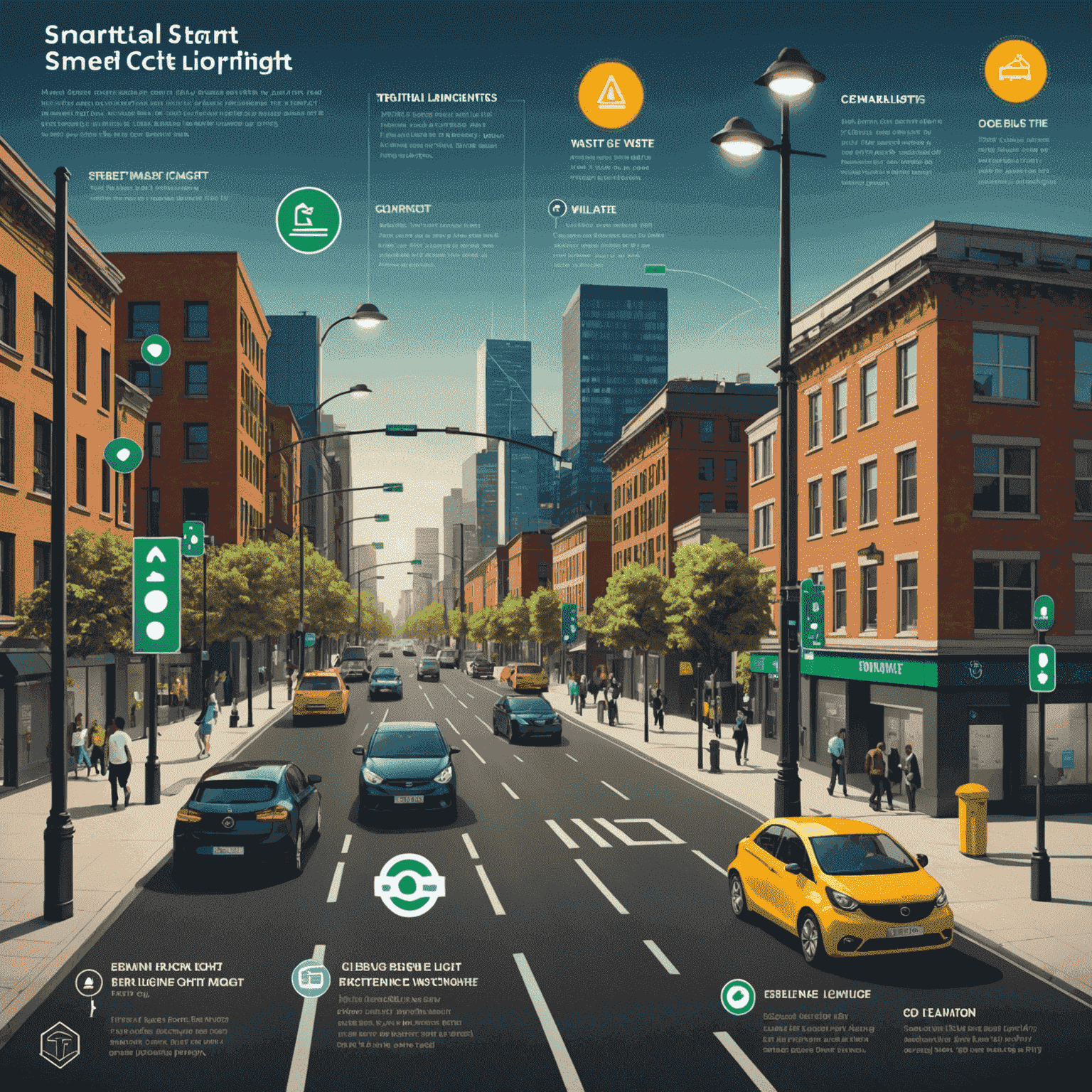 Infographic showing various smart city services including intelligent traffic lights, smart waste bins, and energy-efficient street lighting