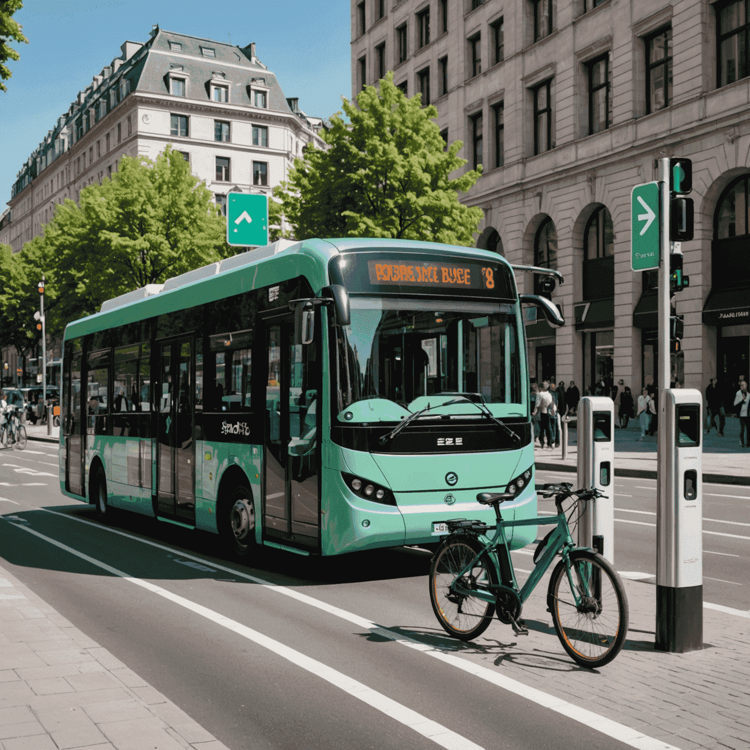 Electric buses and bike-sharing stations in a modern city center with smart traffic lights