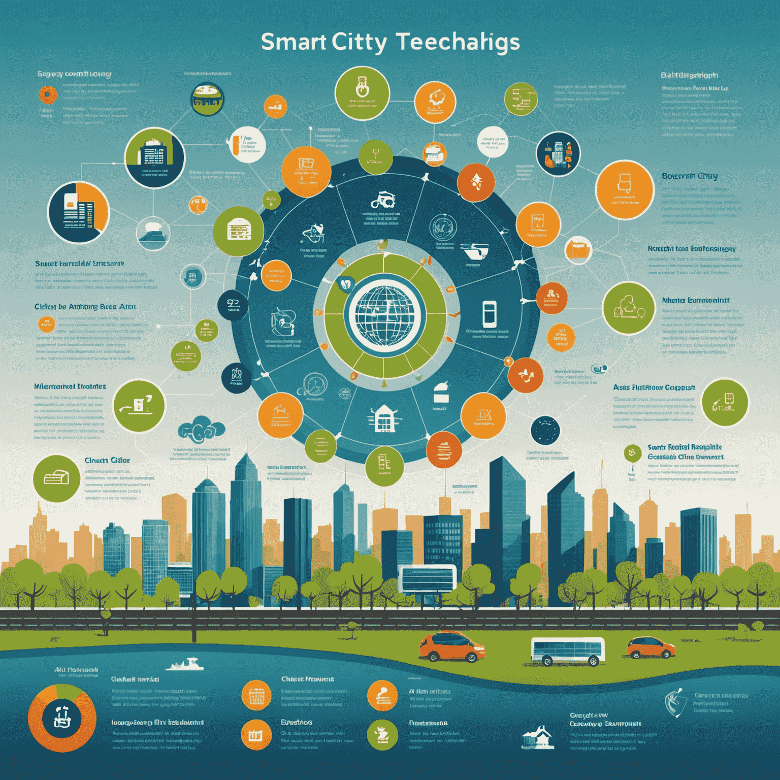 Infographic showing various smart city technologies and their benefits, including reduced energy consumption, improved air quality, and enhanced citizen engagement